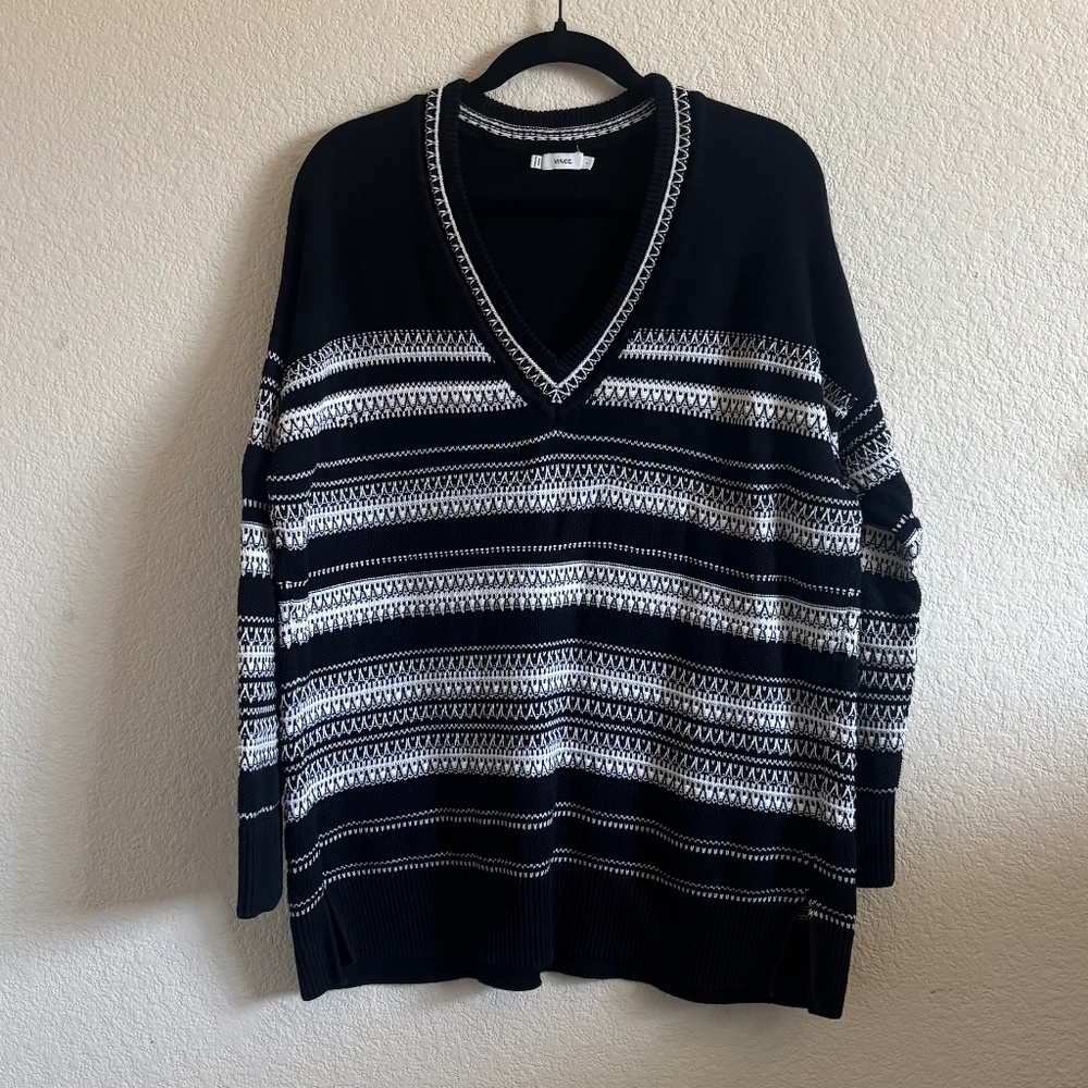 Vince Textured Stripe Cotton V-Neck Sweater